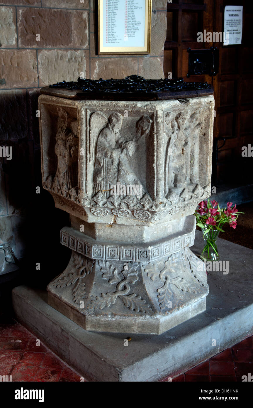 The font, St. Michael`s Church, Stoke Prior, Worcestershire, UK Stock